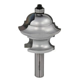 Large silver ogee raised panel router bit for woodworking, isolated on white background.