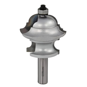 Large silver ogee raised panel router bit for woodworking, isolated on white background.