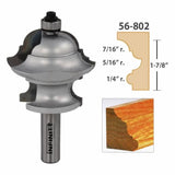 Classical router bit with profile diagram and wood molding example, woodworking tool.