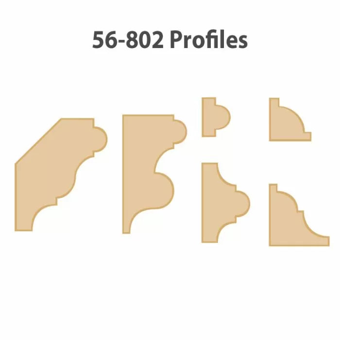 Woodworking router bit profiles 56-802, showing various decorative molding shapes.