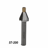 Chamfer router bit with carbide tip for woodworking, shown upright on white background