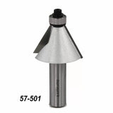 Chamfer router bit with metal blade and 57-501 label on a white background