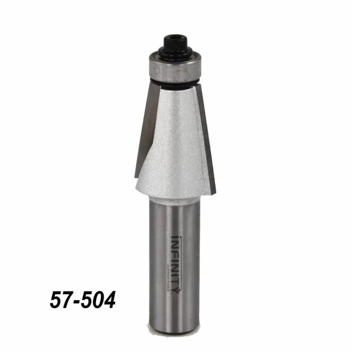 Chamfer router bit with bearing, steel woodworking tool, labeled 57-504, on white background.