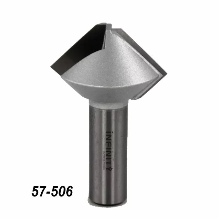Carbide-tipped chamfer router bit 57-506 for woodworking, close-up on white background.