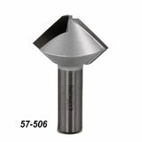 Carbide-tipped chamfer router bit 57-506 for woodworking, close-up on white background.