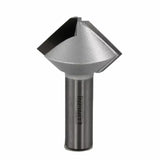 Carbide-tipped router bit with sharp angled cutting edge for woodworking.
