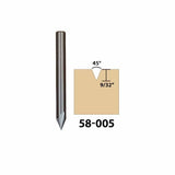 45 degree V-groove router bit with 9/32 inch cut depth for woodworking, model 58-005