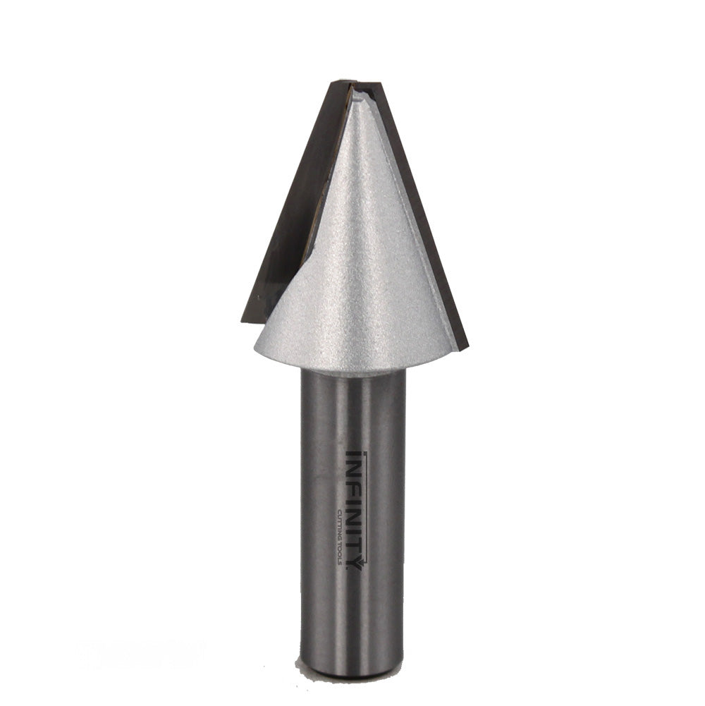 Chamfer router bit with metal cutting edge for woodworking on white background
