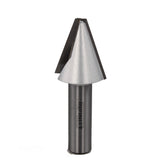 Chamfer router bit with metal cutting edge for woodworking on white background