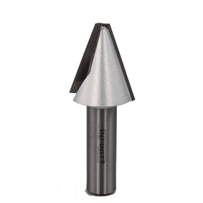 Chamfer router bit with metal cutting edge for woodworking on white background