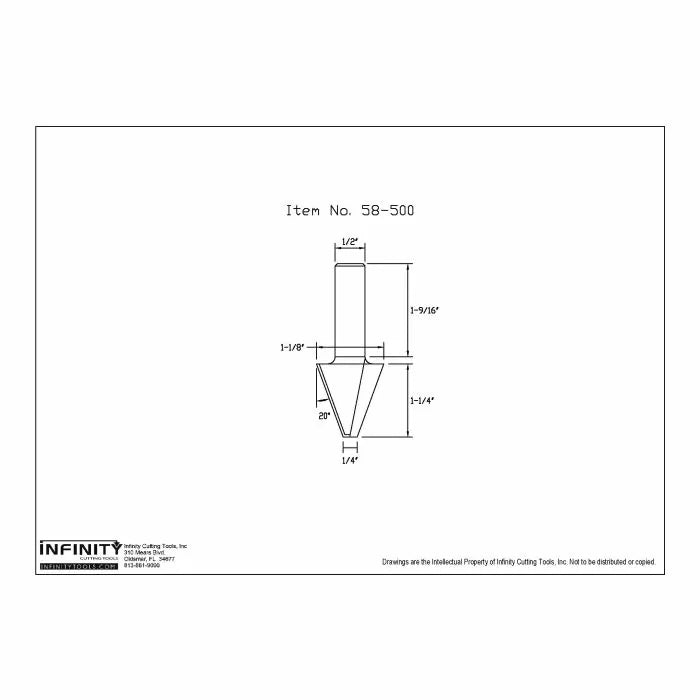 Technical drawing of a woodworking router bit with dimensions, labeled item 58-500.