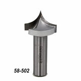 Steel woodworking router bit with sharp V-groove cutting edge, labeled 58-502, on white background.