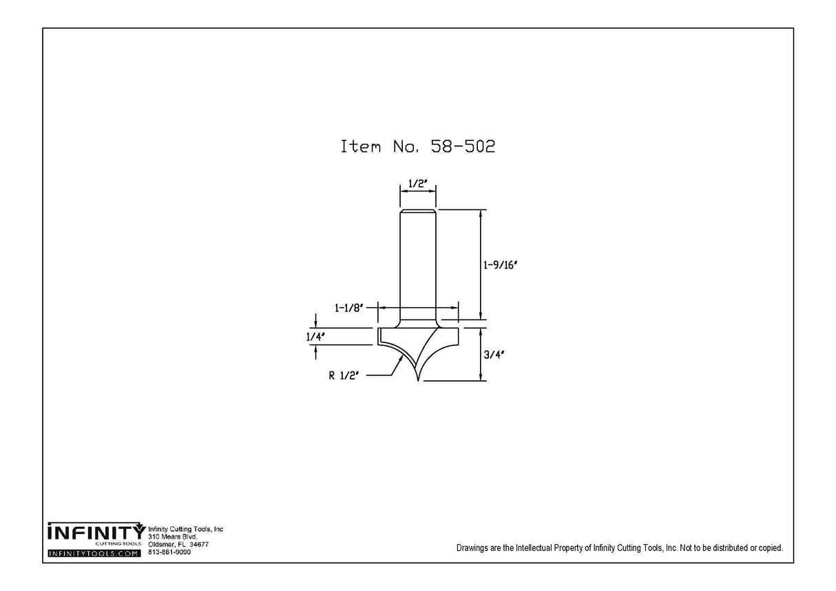 Technical drawing of 58-502 woodworking router bit with detailed dimensions.