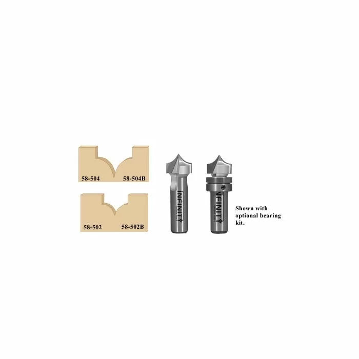 V-groove router bits with optional bearing kit and sample wood profiles for woodworking