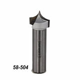 Carbide-tipped V-groove router bit for woodworking with part number 58-504