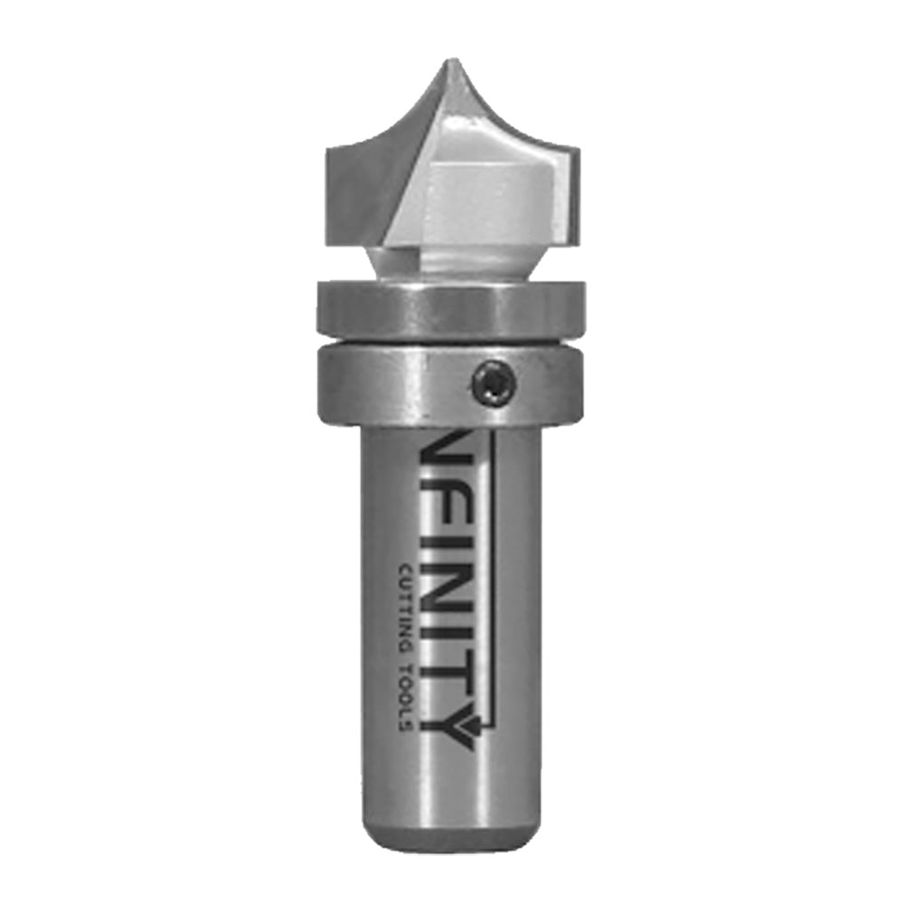 Carbide-tipped chamfer router bit with sharp angled cutting edge, for woodworking
