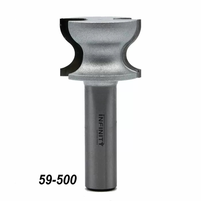 Woodworking router bit with roundover edge, labeled 59-500, for shaping wood.