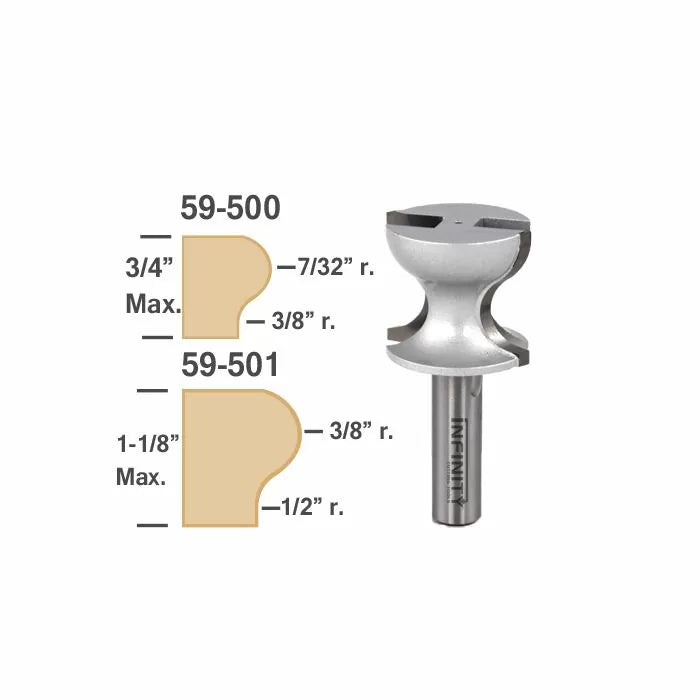 Woodworking roundover router bit with diagram showing max cutting sizes and radii.