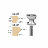 Woodworking roundover router bit with diagram showing max cutting sizes and radii.