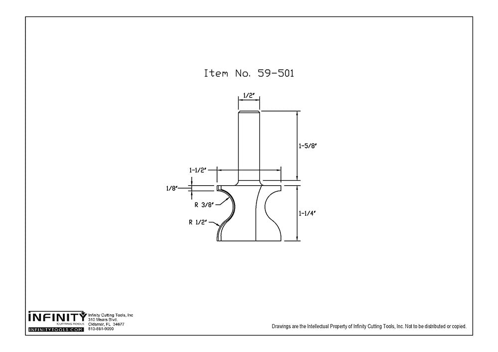 Router bit technical drawing with labeled dimensions, item number 59-501, woodworking tool