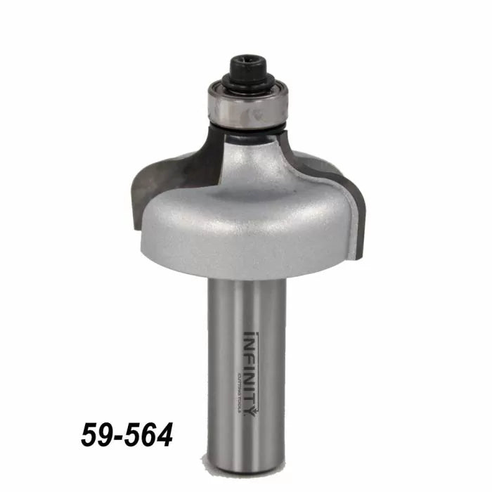 Roundover router bit with bearing, woodworking tool, silver finish, code 59-564