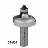 Roundover router bit with bearing, woodworking tool, silver finish, code 59-564