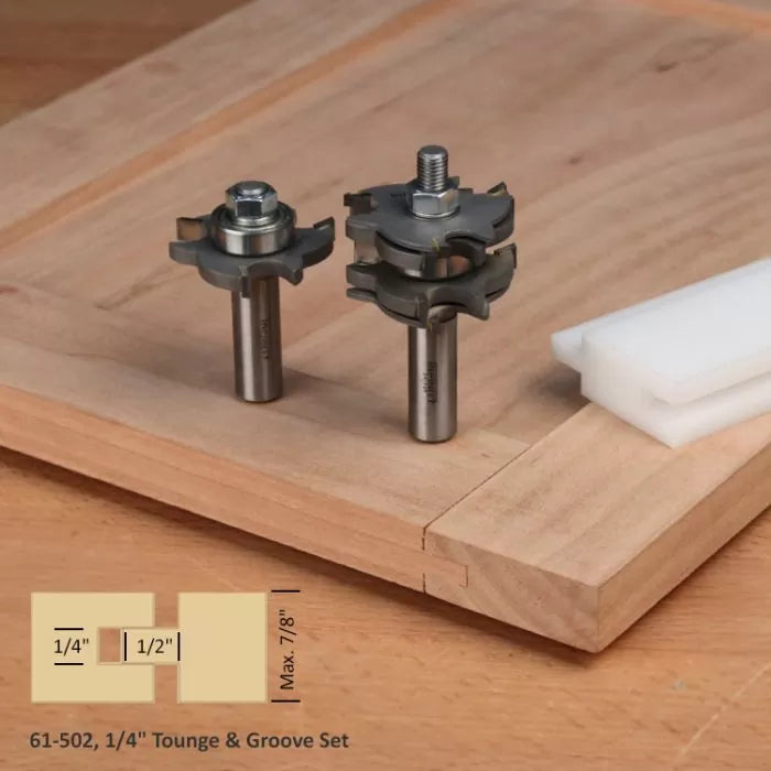 Tongue and groove router bit set on wood panel, 1/4 inch shank for woodworking joints
