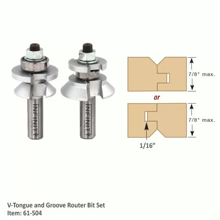 V-tongue and groove router bit set with diagram showing 7/8 inch maximum cut depth and 1/16 inch groove detail.