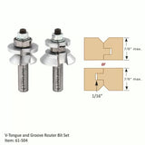 V-tongue and groove router bit set with diagram showing 7/8 inch maximum cut depth and 1/16 inch groove detail.