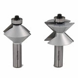 Two silver woodworking router bits with ball bearings for precision joinery cuts