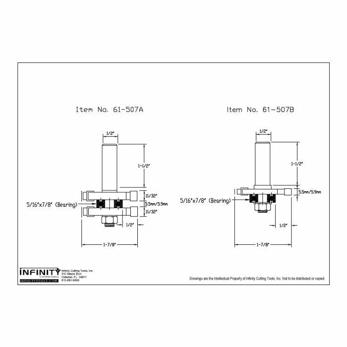 Technical drawing of router bit profiles, item numbers 61-507A and 61-507B, with measurements.