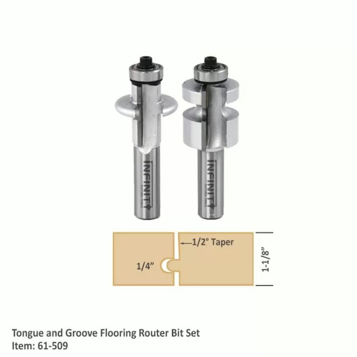 Tongue and groove flooring router bit set with diagram showing joint dimensions