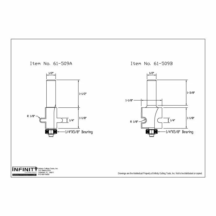 Technical drawings of two woodworking router bits with measurements and labeled parts.
