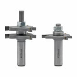 Carbide-tipped router bit set for woodworking, includes stacked slot cutter assemblies