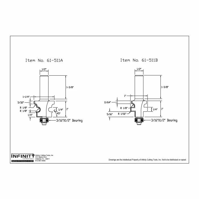 Technical drawing of woodworking router bits with labeled dimensions and bearings