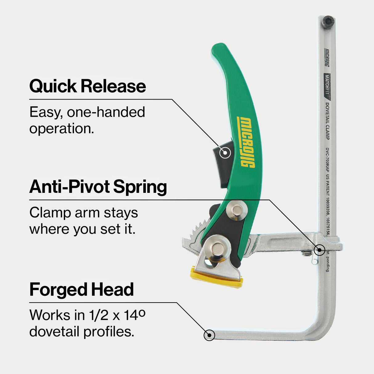 Microjig dovetail clamp with quick release, anti-pivot spring, and forged head for woodworking.