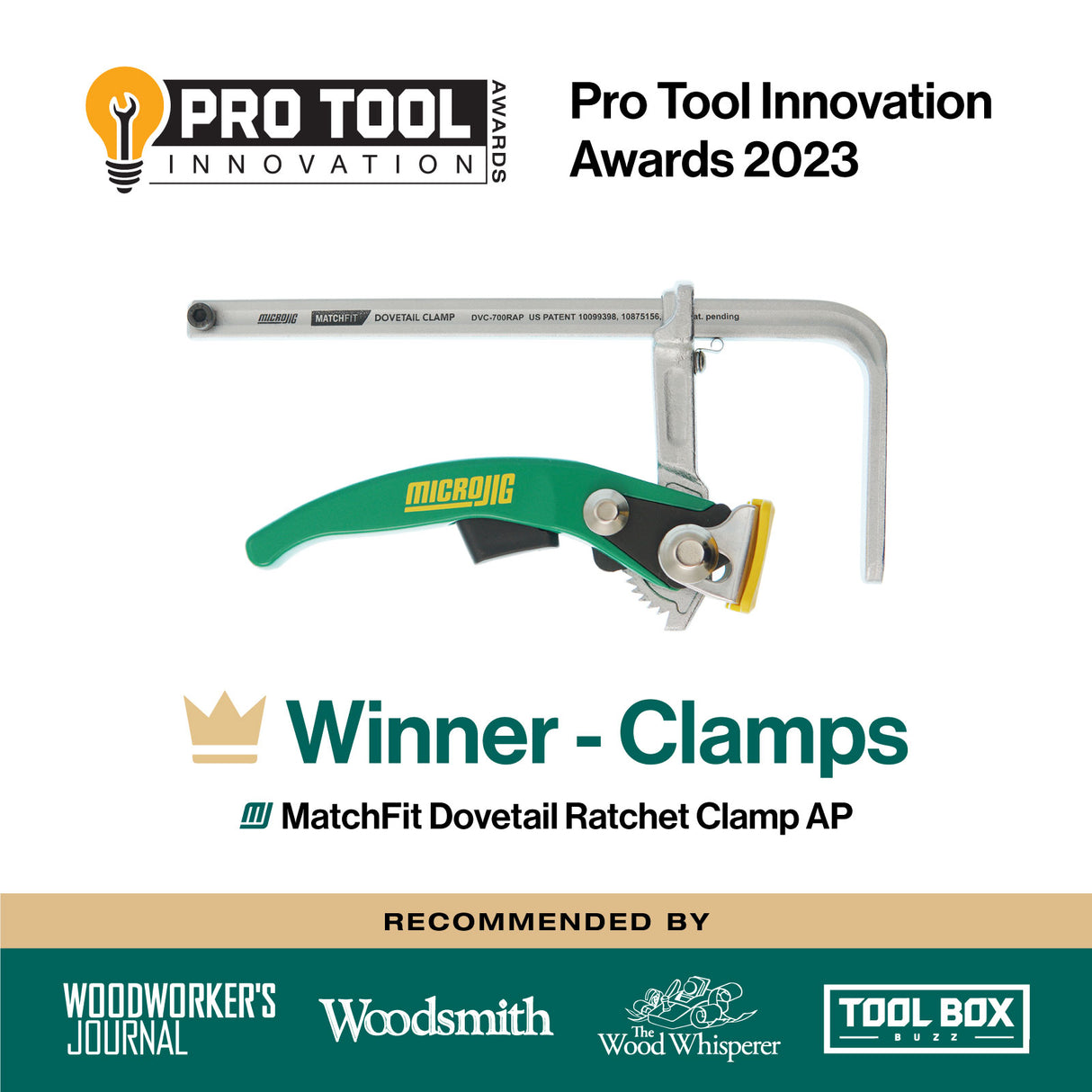 Award-winning MatchFit Dovetail Ratchet Clamp AP displayed with Pro Tool Innovation Awards 2023 badge.
