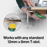 Quick-release woodworking clamp attached to a T-slot track, showing 12mm x 8mm compatibility.