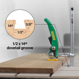 Dovetail clamp securing wood with 1/2 x 14° dovetail groove diagram for woodworking.