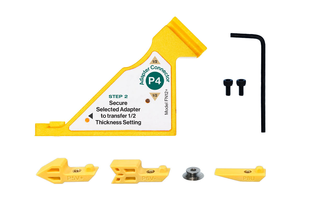 Woodworking tool adapter kit with yellow connectors, metal screws, hex key, and spacers.