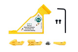 Woodworking tool adapter kit with yellow connectors, metal screws, hex key, and spacers.