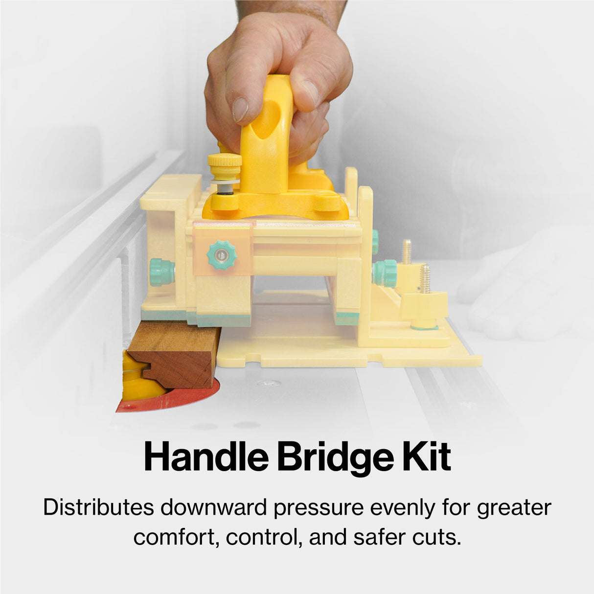 Woodworking handle bridge kit in use on a router table for safe, controlled cutting.