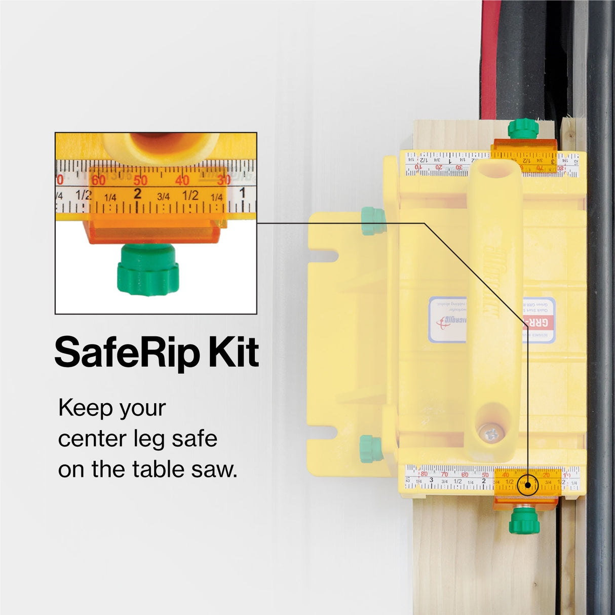 SafeRip Kit for table saw with yellow guide, green adjustment knobs, and built-in measuring scale.