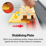 Yellow stabilizing plate attachment on woodworking table saw keeps wood against fence.