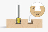 14-degree dovetail router bit cutting a 1/2 inch groove in wood, woodworking diagram