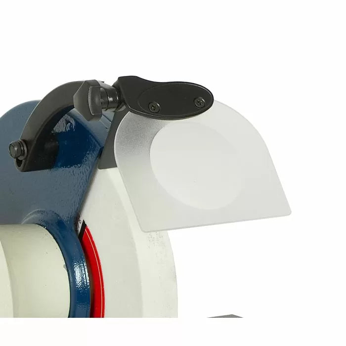 Bench grinder with clear safety shield for woodworking and metalworking precision
