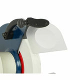 Bench grinder with clear safety shield for woodworking and metalworking precision