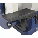 Close-up of adjustable tool rest on a bench grinder, ideal for woodworking tool sharpening.