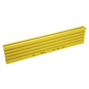 Yellow anodized aluminum router table fence with multiple T-slots and mounting holes.