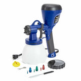Electric paint sprayer with accessories, nozzles, and cleaning brush for woodworking projects
